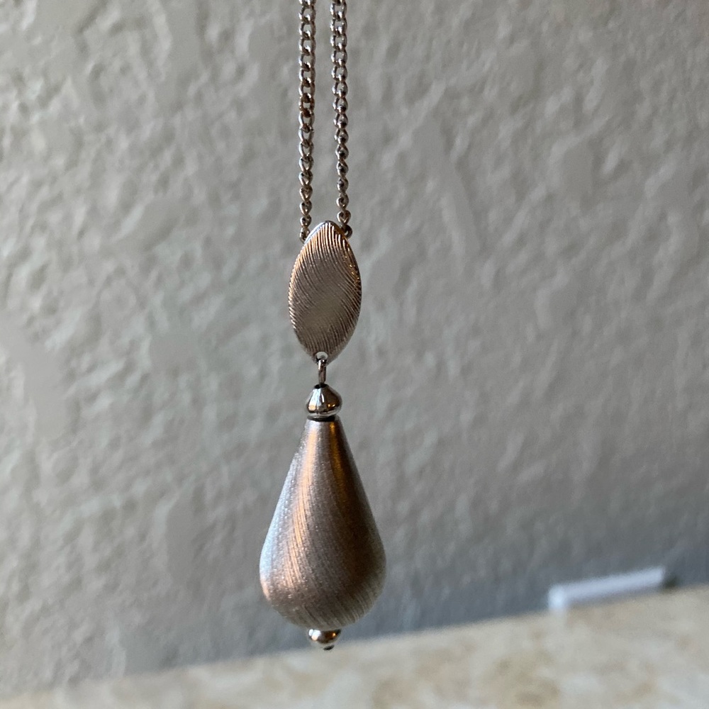 Silver tear drop necklace, brushed metal